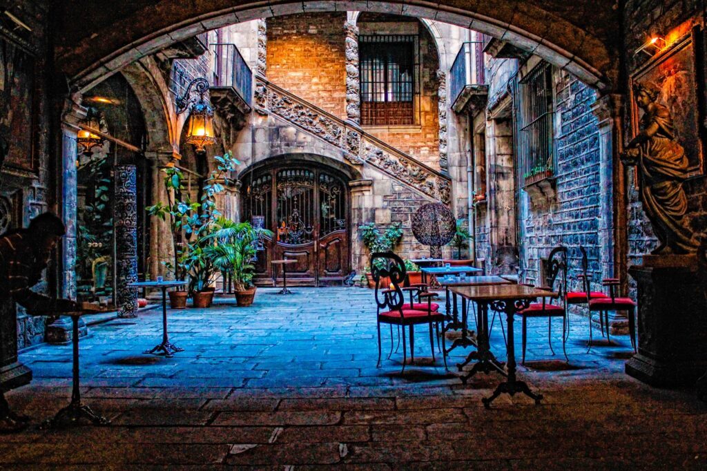 Barcelona, Catalonia / Spain »; April 2018: Beautiful terrace in the gothic quarter of the city of Barcelona