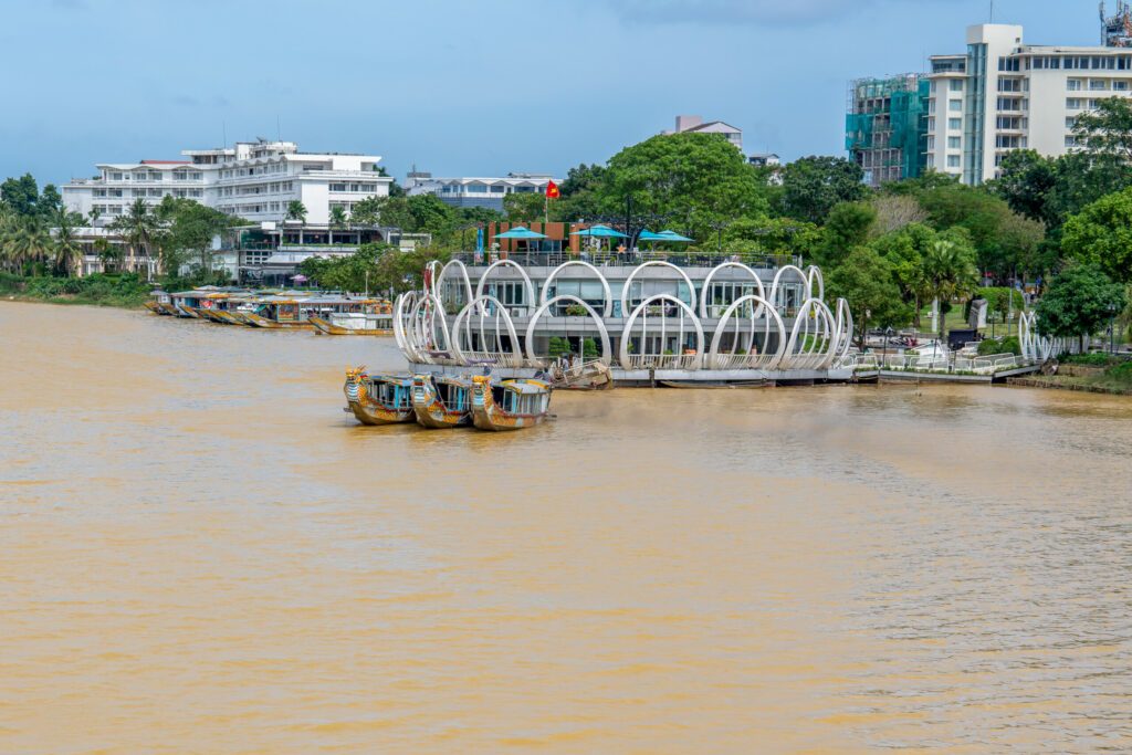 Vietnam, City of Hue, panoramic view from the  Truong Tien bridge on the Perfume River in Hué,.