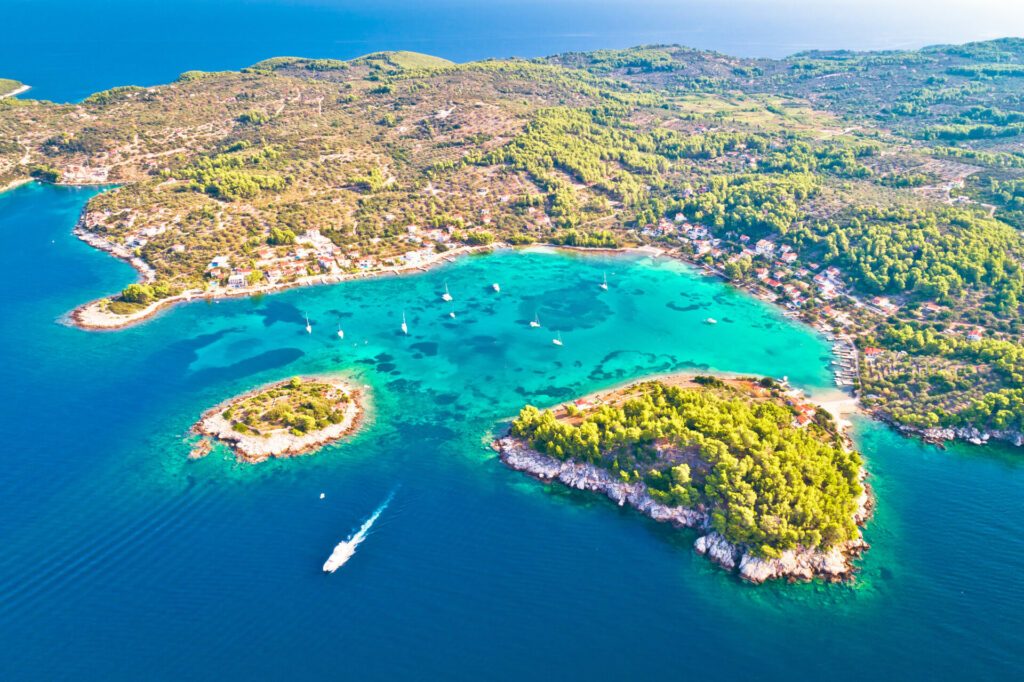 Aerial view of Gradina bay sailing cove on island Korcula