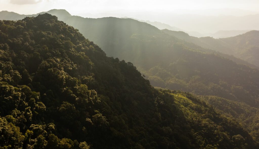 Light falls in the hills around the trekking destination of Reiek in Mizoram.