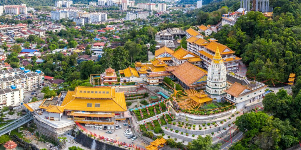 Kek Lok Si Temple aerial photo panorama on Penang island in Malaysia