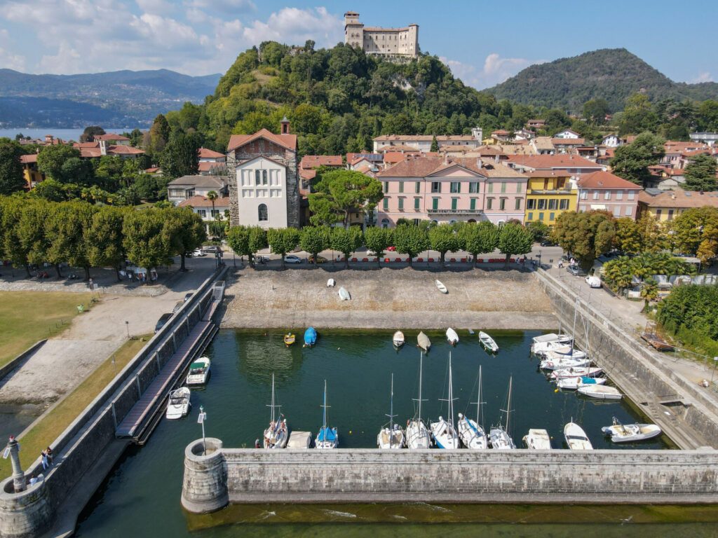 The village of Angera and the castle of Rocca Borromea on lake Maggiore, Italy