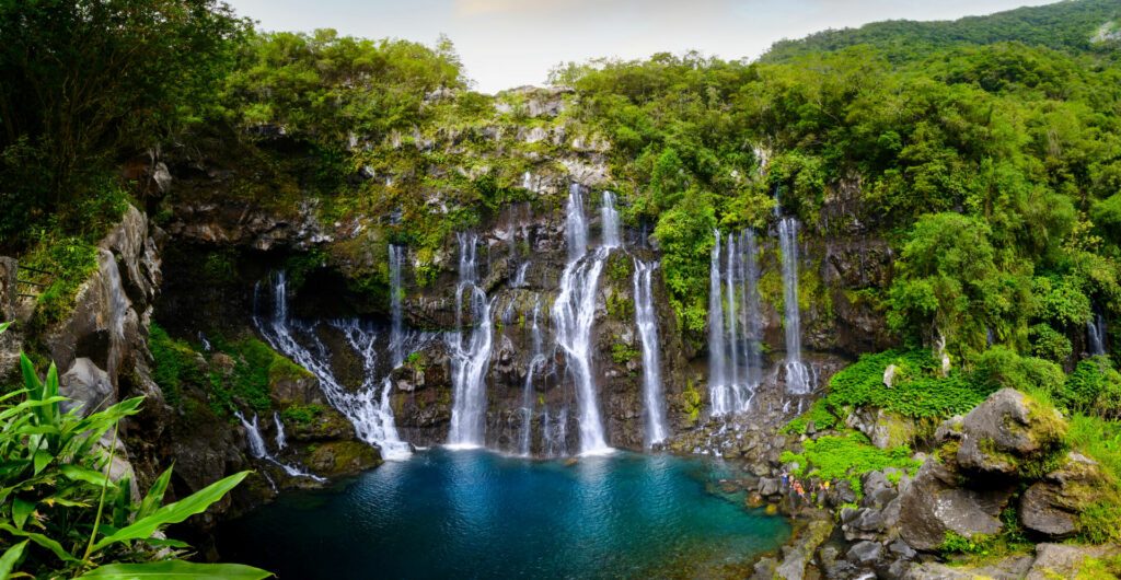 Panoramic view of waterfalls of Grand Galet, Langevin, Reunion Island