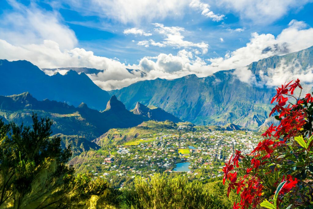 Landscape with Cilaos town in Cirque de Cilaos, La Reunion island