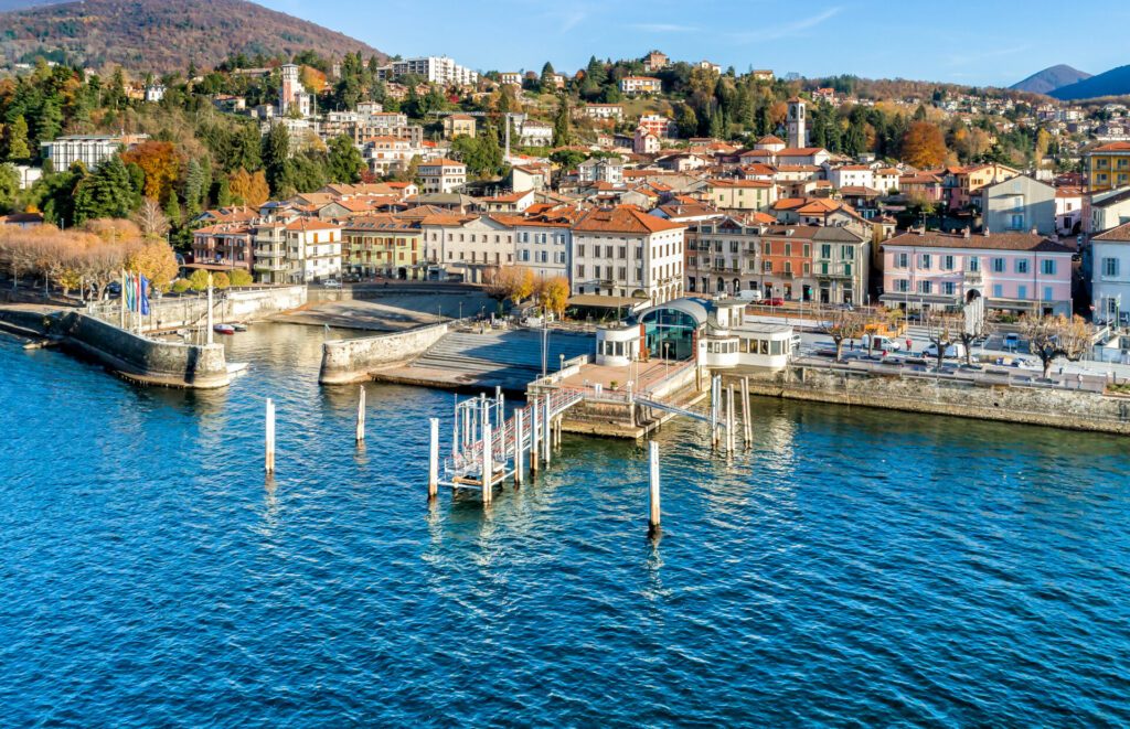 Aerial view of Luino, is a small town on the shore of Lake Maggiore in province of Varese, Italy.