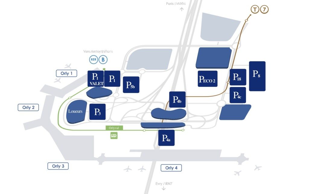 Plan parkings officiels de l'aéroport d'Orly