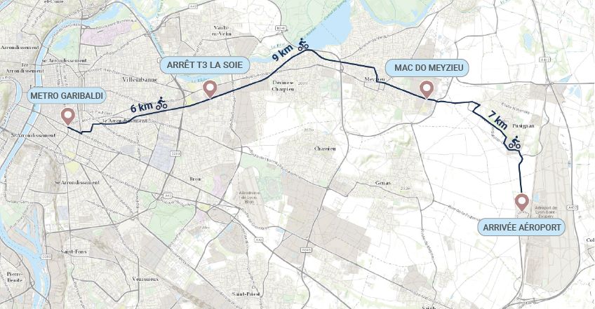 Itinéraire à vélo entre le centre de Lyon et l'aéroport