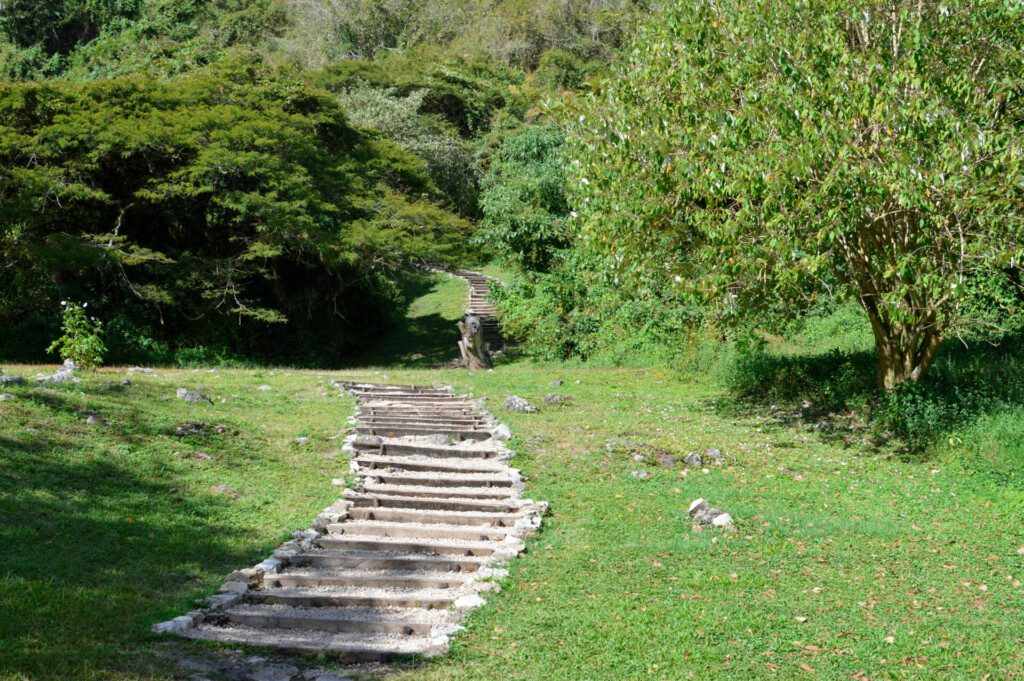 Escaliers menant aux pyramides du site archéologique de Chinkultic au Chiapas, Mexique