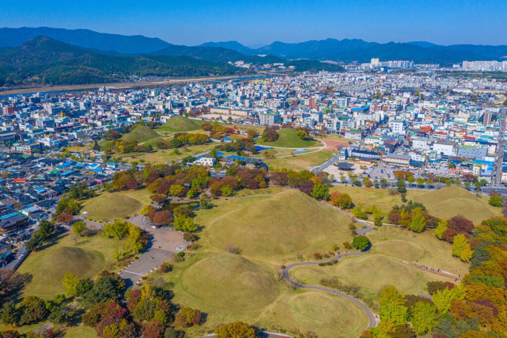 Panorama of Tumuli park and other royal tombs in the center of Korean town Gyeongju